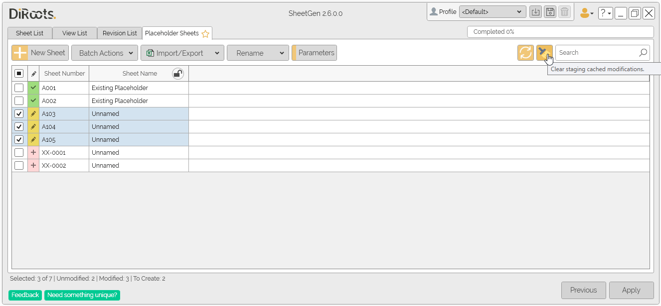 SheetGen clear staging